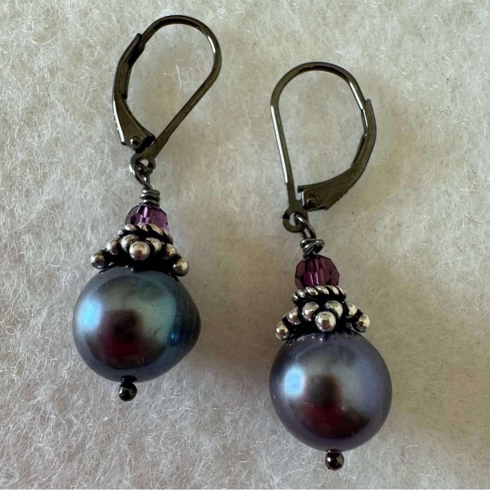 Gray Pearl 925 Sterling Silver Drop Earrings with Swarovski Crystal NEW